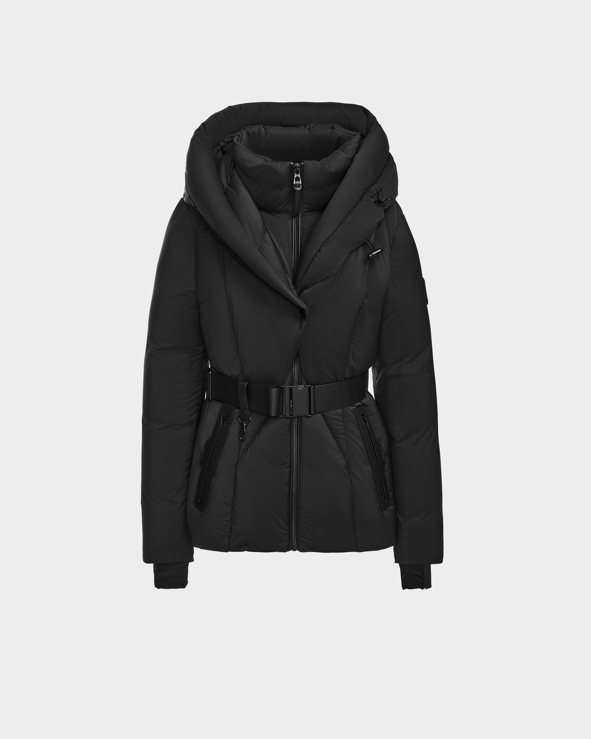 Rudsak KOLAD - 8126536 Black short fitted puffer jacket featuring an oversized hood, a zip front, and a buckled waist belt.