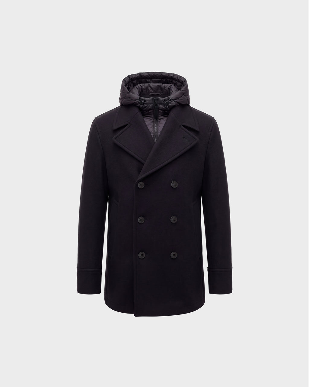 Rudsak LUCIEN - 6126508 Black double-breasted pea coat with a quilted hood and zip-up bib insert.