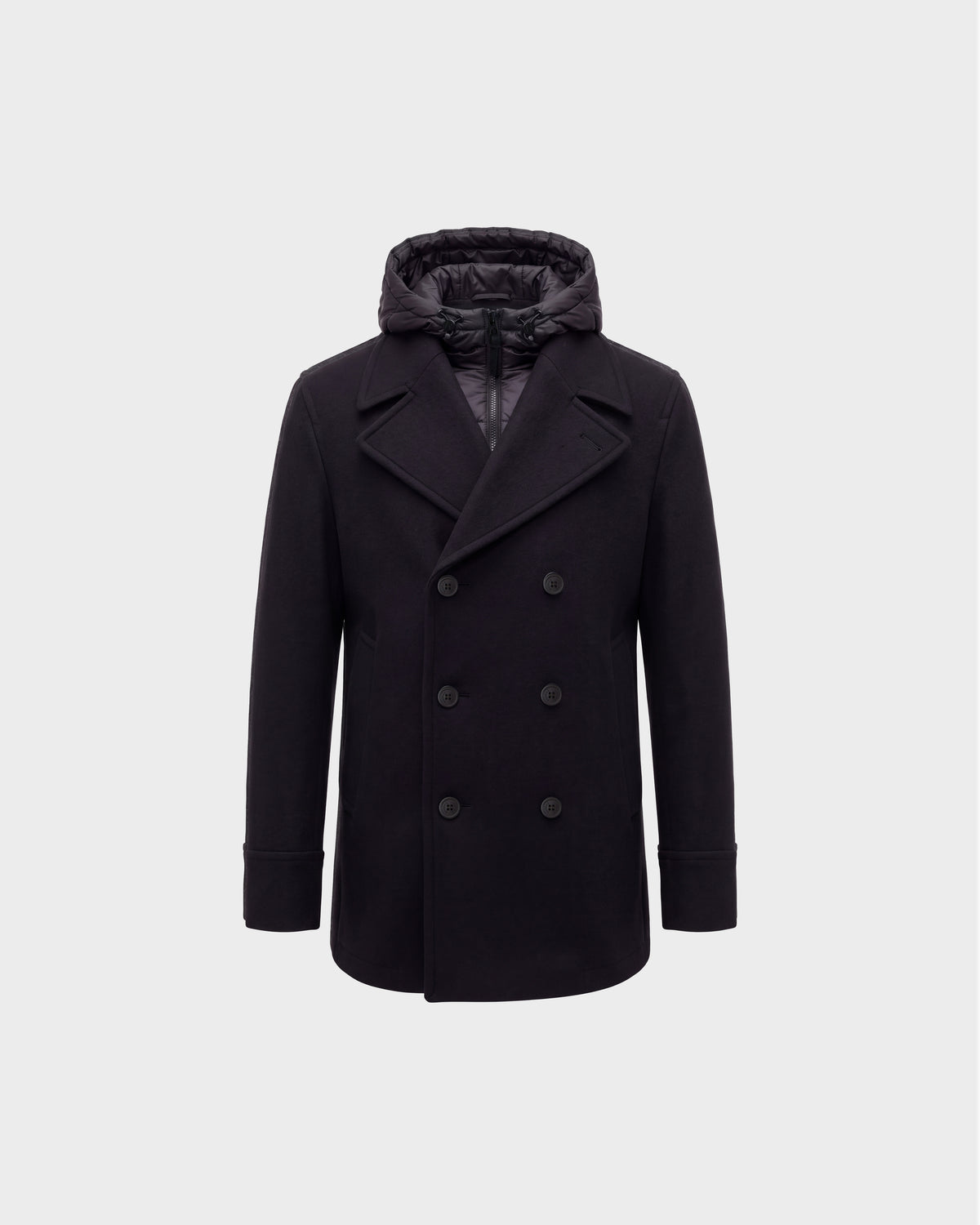 Rudsak LUCIEN - 6126508 Black double-breasted pea coat with a quilted hood and zip-up bib insert.