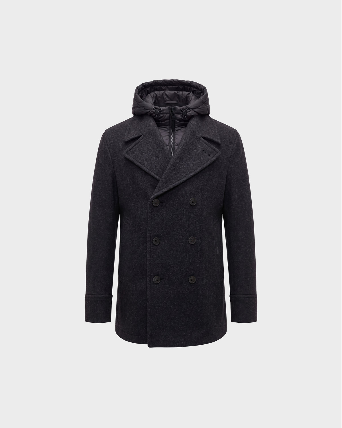 LUCIEN - 6126508 Charcoal double-breasted wool-blend pea coat featuring a detachable quilted hood, interior zip bib, and duck down insulation for cold-weather performance.