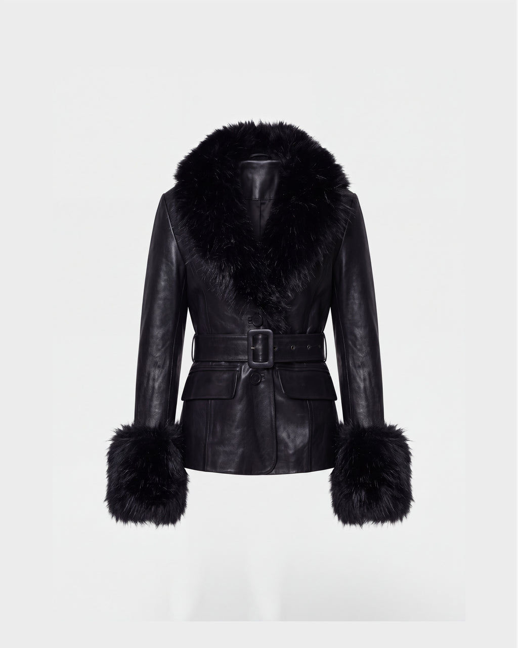 Rudsak MARILLA - 8126972 Black leather jacket featuring a large faux-fur trim collar and cuffs, a belted waist, and a button front.