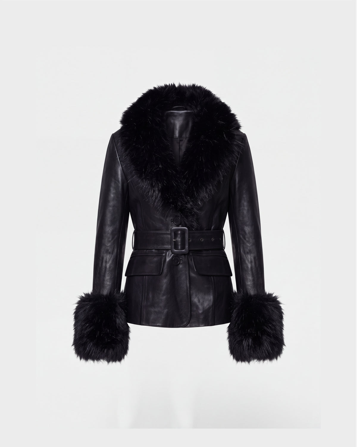 Rudsak MARILLA - 8126972 Black leather jacket featuring a large faux-fur trim collar and cuffs, a belted waist, and a button front.