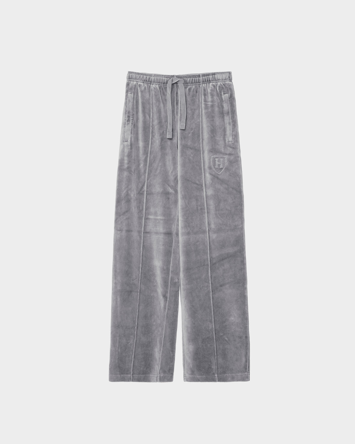 OLIVYA HV - H526903 Titanium grey velvet wide-leg velour jogger pants with a drawstring waist, side pockets, and a small crest logo on the left hip.