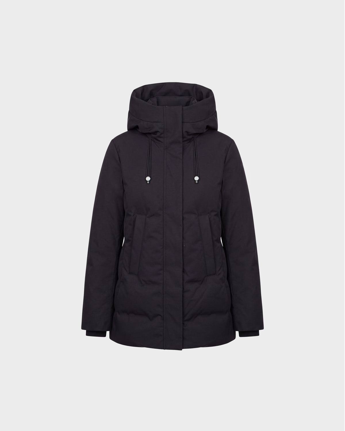 The Rudsak OPAL - 8126618 Black parka is a black winter jacket featuring a hood with adjustable drawstrings, front zipper closure, and two large side pockets. Insulated with RDS-certified down for superior warmth, it is displayed against a plain light grey background.