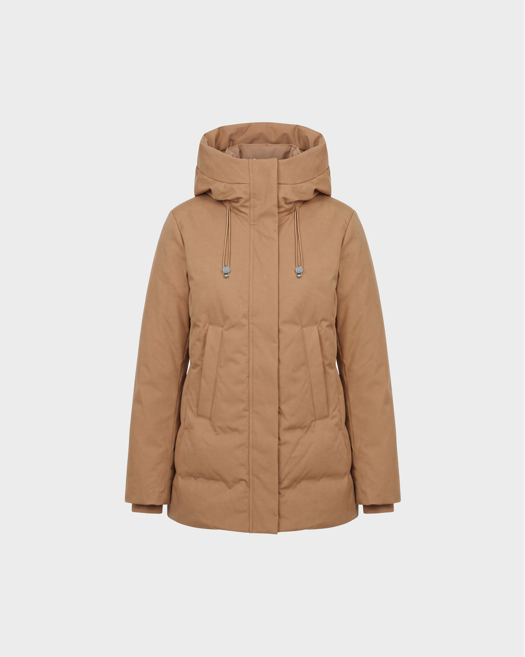 Rudsak OPAL - 8126618 Camel hooded parka winter coat with front zipper, snap buttons, hood drawstrings, two large pockets, and filled with RDS-certified down, shown on a plain white background.