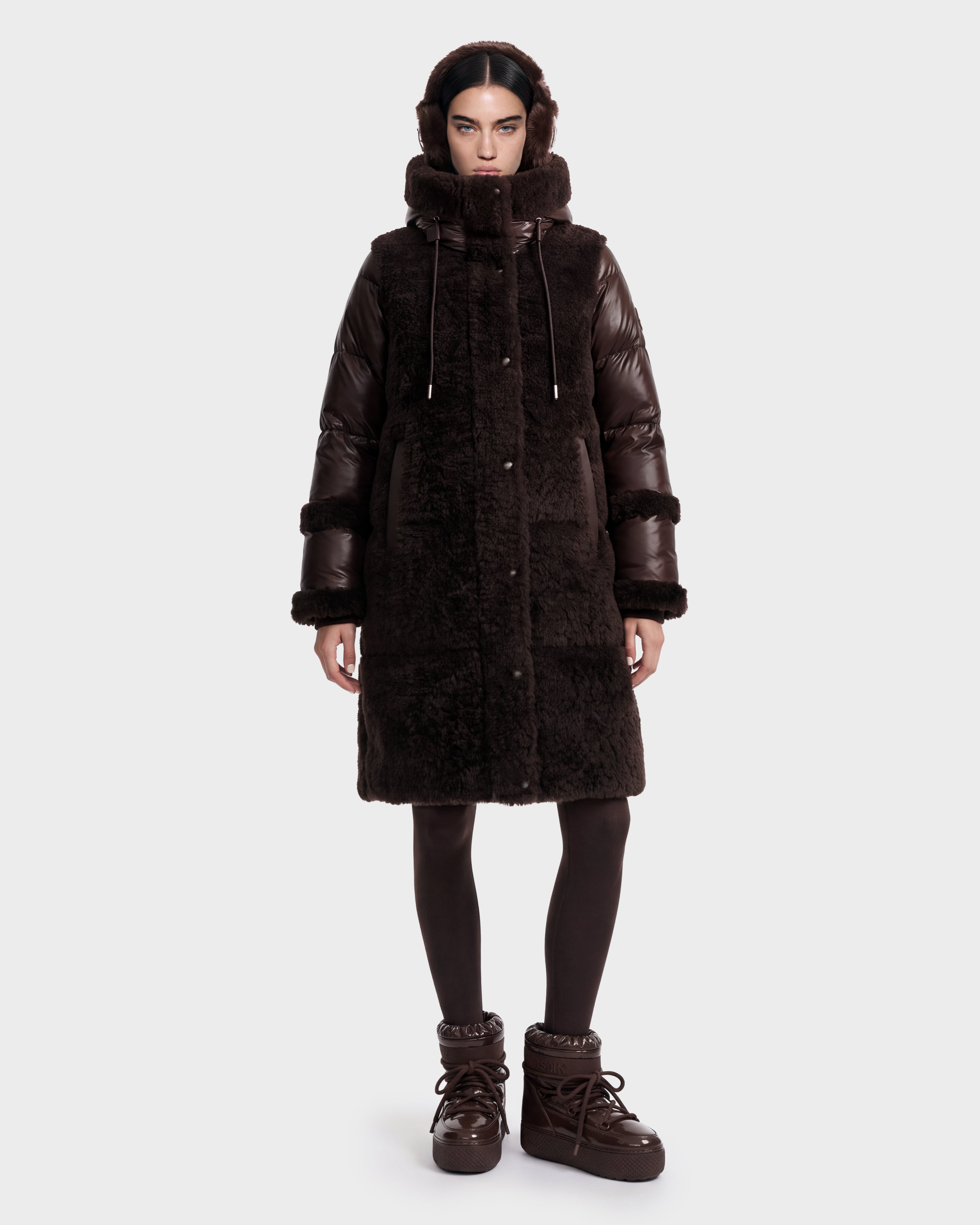 RUDSAK 本革 レザーダウン ジャケット 黒 XS フード ベルト y2k Rudsak Shelley Espresso: Sherpa & Quilted Down Winter Jacket
