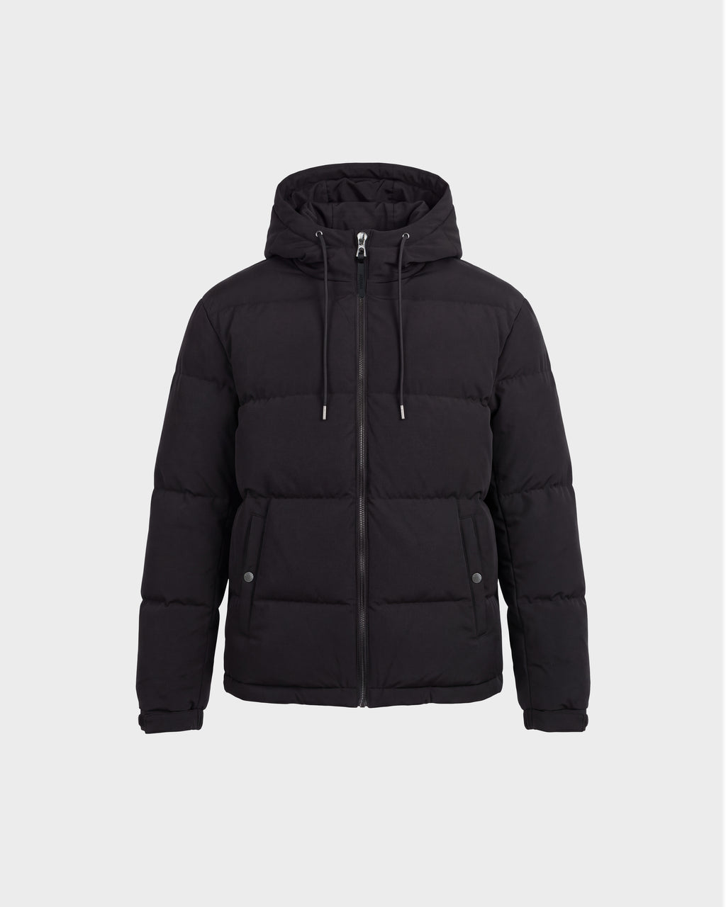 The STERLING EL - 6126759 Black puffer jacket by Rudsak features a hood, front zipper, drawstrings, and side pockets, and is displayed on a plain light grey background.