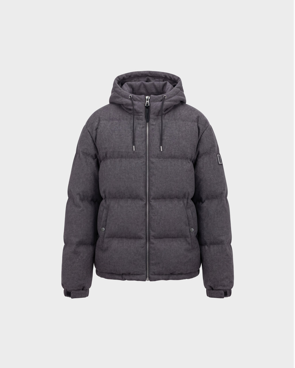 The Rudsak STERLING W - 6126760 Heather Charcoal puffer jacket, shown against a plain light background, features a hood with adjustable drawstrings, a front zipper closure, side pockets, and additional drawstrings at the cuffs for a customizable fit.