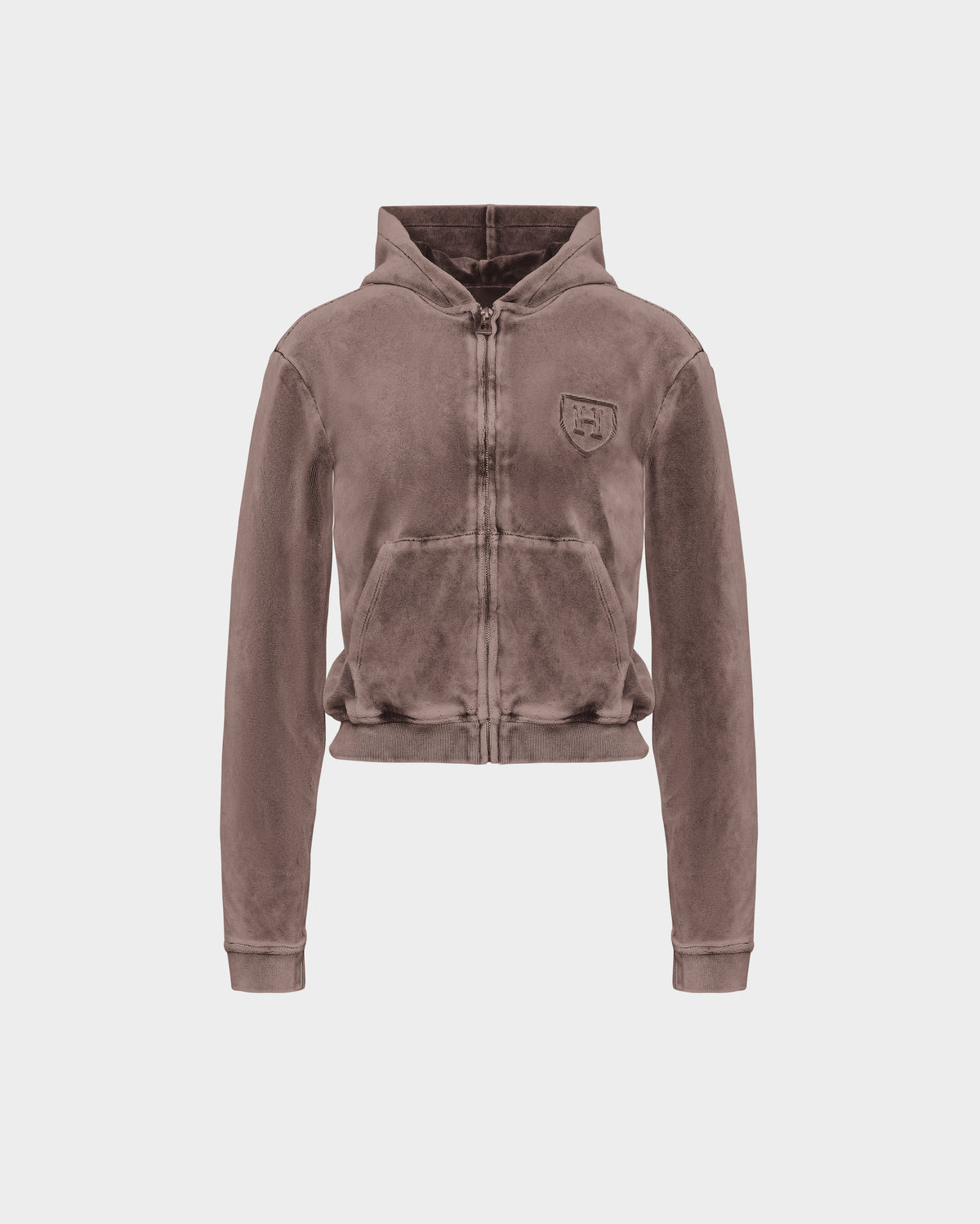 Taupe TYRA HV - H526904 Rudsak zip-up hoodie featuring a hooded collar, long sleeves, front pockets, and an embroidered crest logo on the chest.