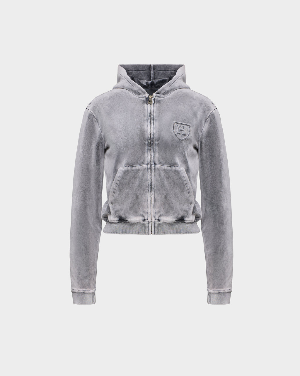 Grey Rudsak TYRA HV - H526904 Titanium zip-up hooded sweatshirt with a worn-in wash and an embroidered crest logo on the chest.
