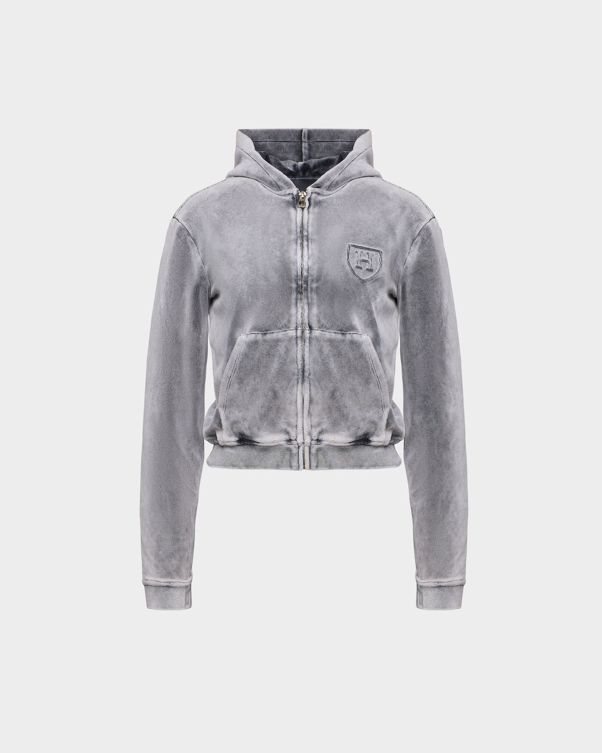 Grey Rudsak TYRA HV - H526904 Titanium zip-up hooded sweatshirt with a worn-in wash and an embroidered crest logo on the chest.