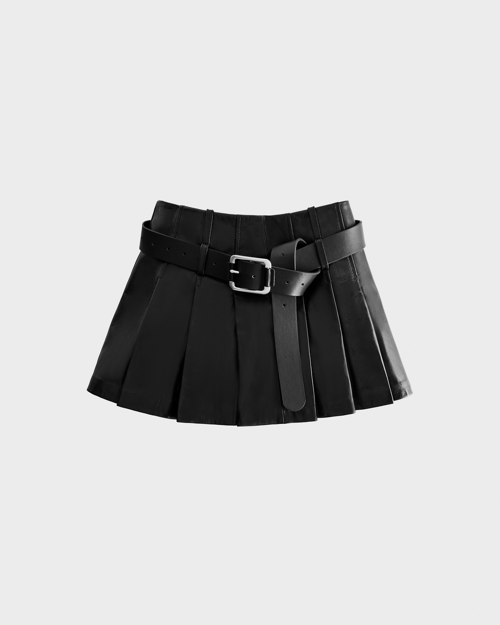 The Rudsak FELICITY - 8525650 Black is a high-waist mini skirt in pleated black leather, featuring a wide belt with a large silver buckle, shown on a plain light gray background.