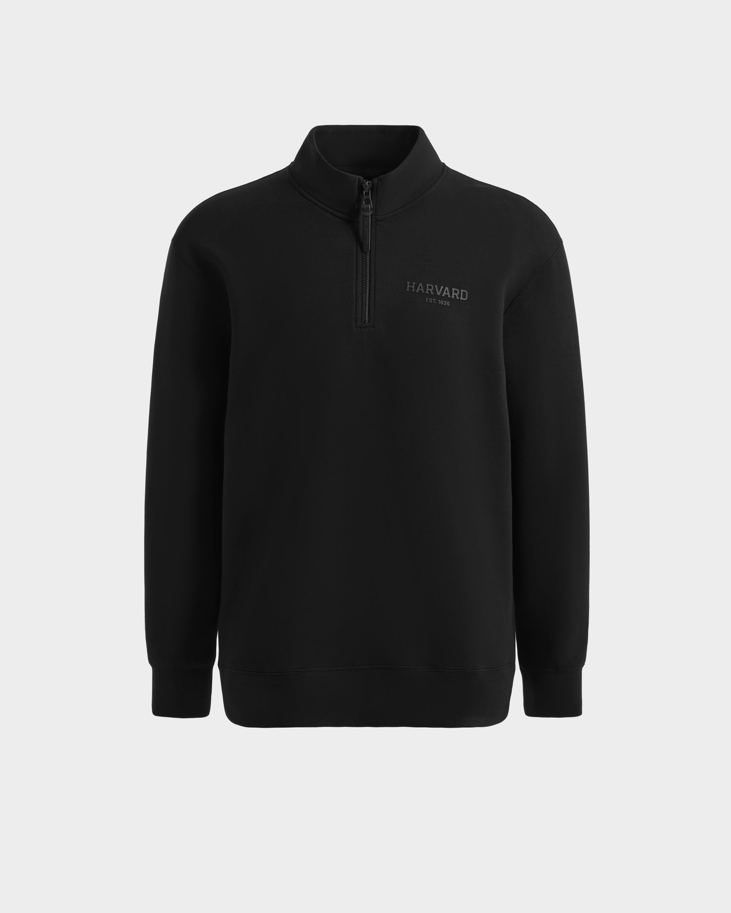 The FREMONT HV - H525501 Black by Rudsak is a limited-edition pullover quarter-zip sweatshirt in a premium cotton blend, featuring HARVARD and EST. 1636 on the left chest, from the exclusive Harvard x Rudsak collection.