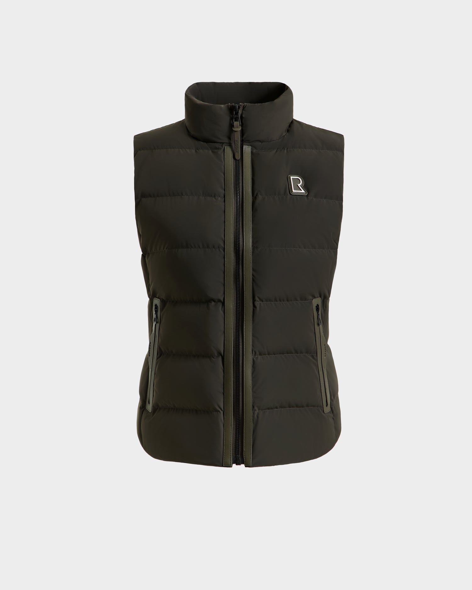 The GABRIELA - 8125014 Dark Olive by Rudsak is a lightweight puffer vest with a zipper and stylish vegan leather trims for a modern touch.