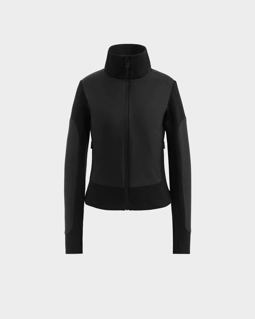 The Rudsak GRANADA - 8126023 Black is a sporty-chic zip-up sweater jacket featuring a high collar, long sleeves, and fitted mixed-media design, shown on a plain light grey background.