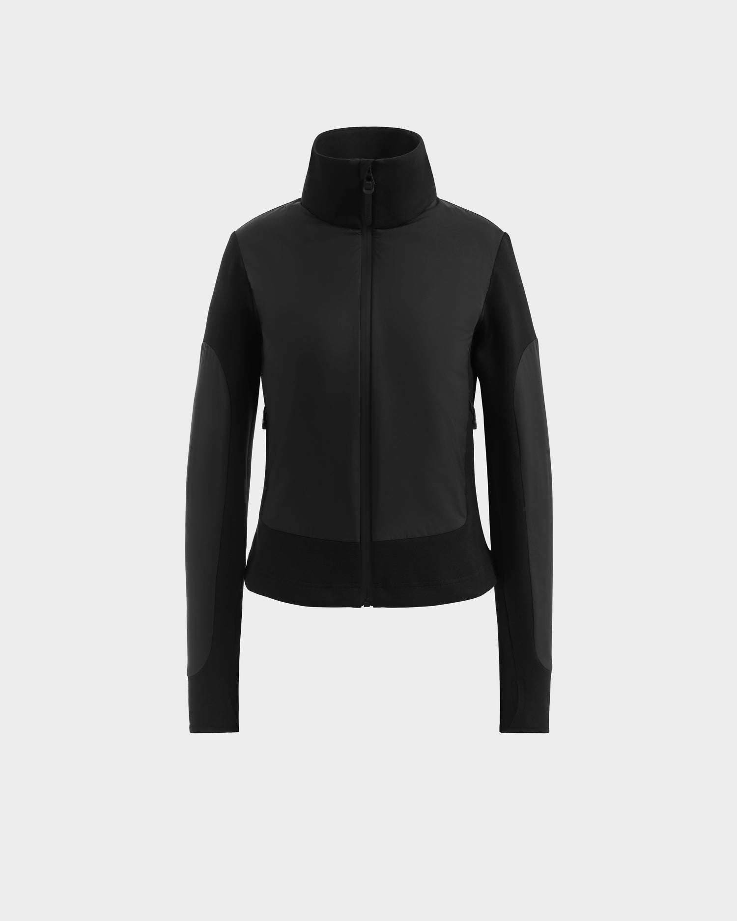 The Rudsak GRANADA - 8126023 Black is a sporty-chic zip-up sweater jacket featuring a high collar, long sleeves, and fitted mixed-media design, shown on a plain light grey background.