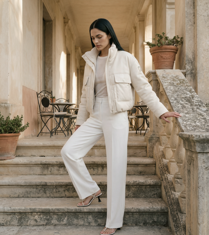 Woman in a white outfit standing on stone steps in an outdoor setting