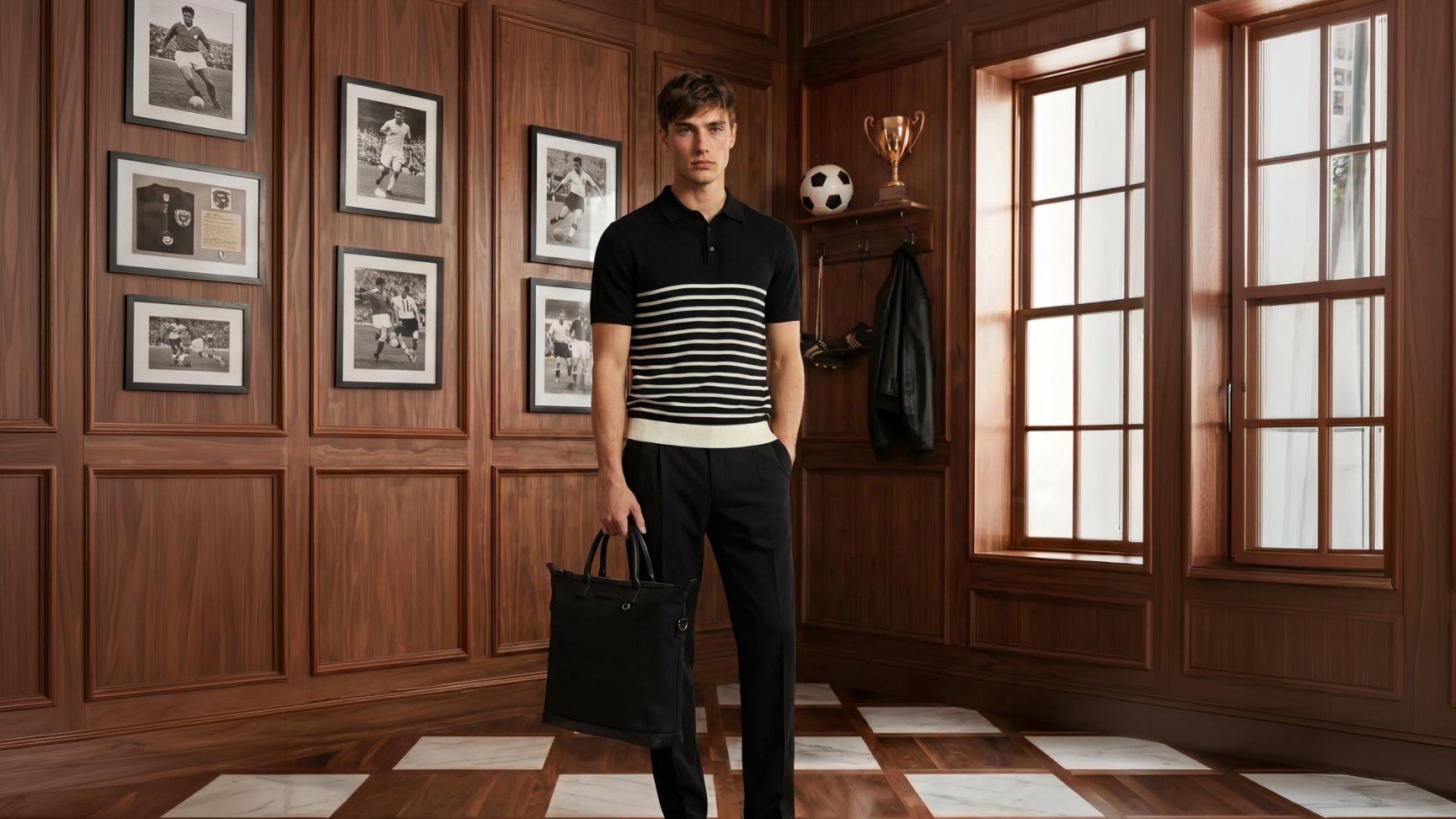 Man holding a black bag in a room with wooden walls and large windows.