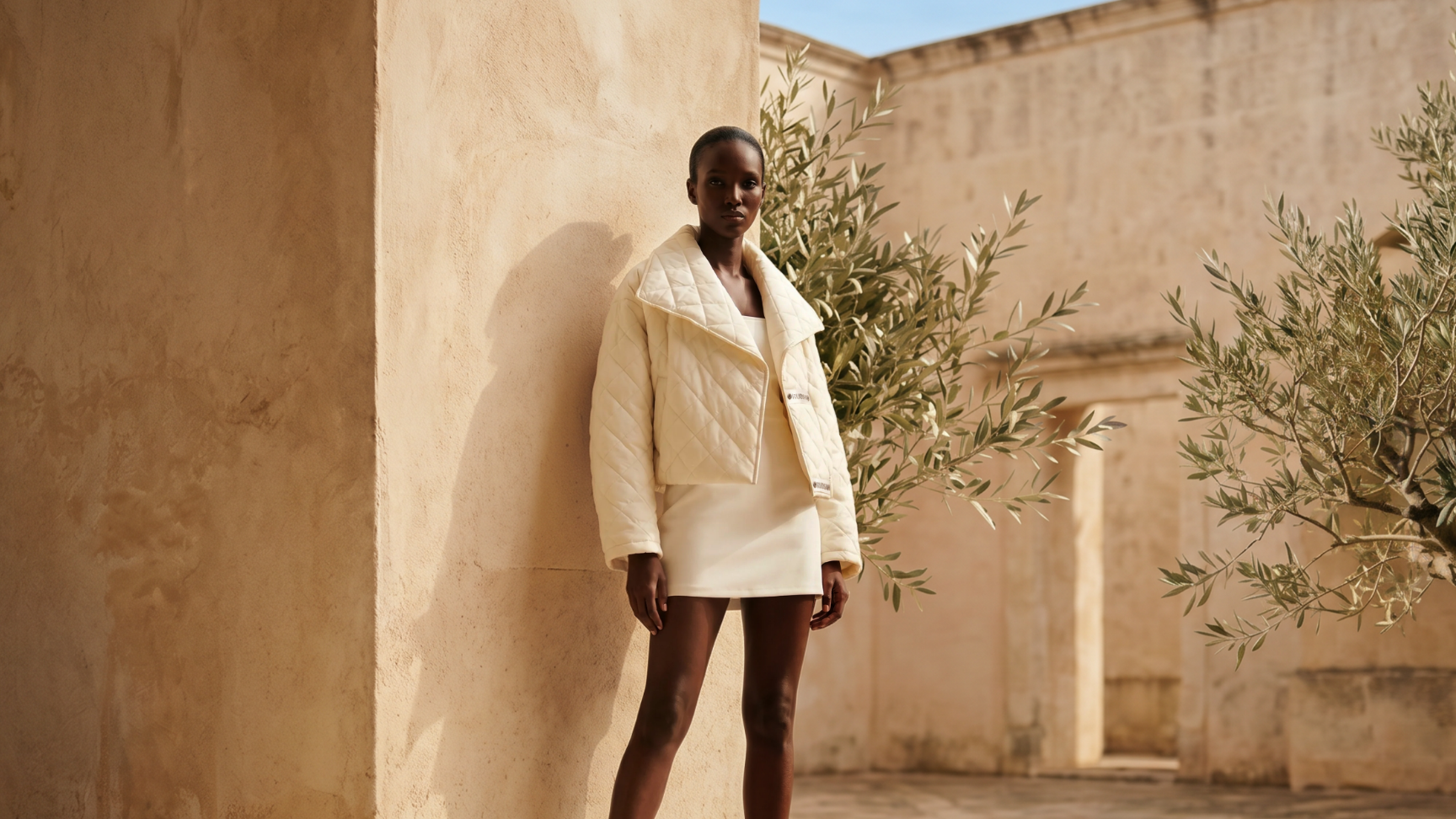 Person wearing a beige outfit standing against a textured wall with greenery.