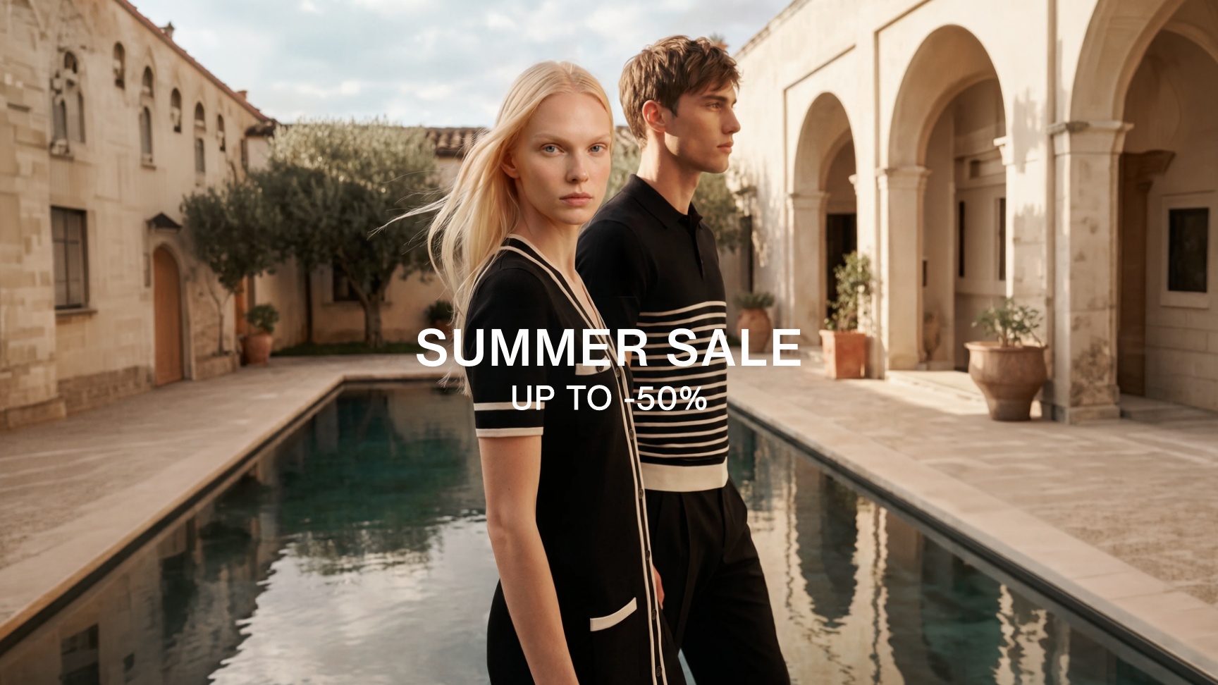 Two people standing by a pool with 'Summer Sale' text overlay
