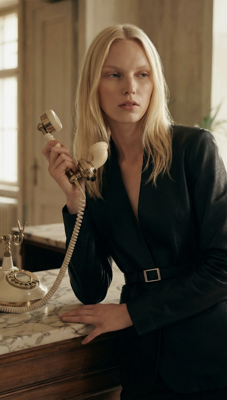 Woman in a dark suit holding an old-fashioned telephone receiver in a room with a vintage phone.