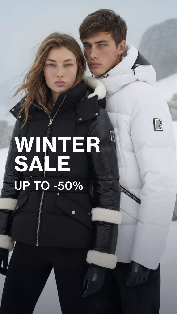 Two people wearing winter jackets with a 'Winter Sale' text overlay.