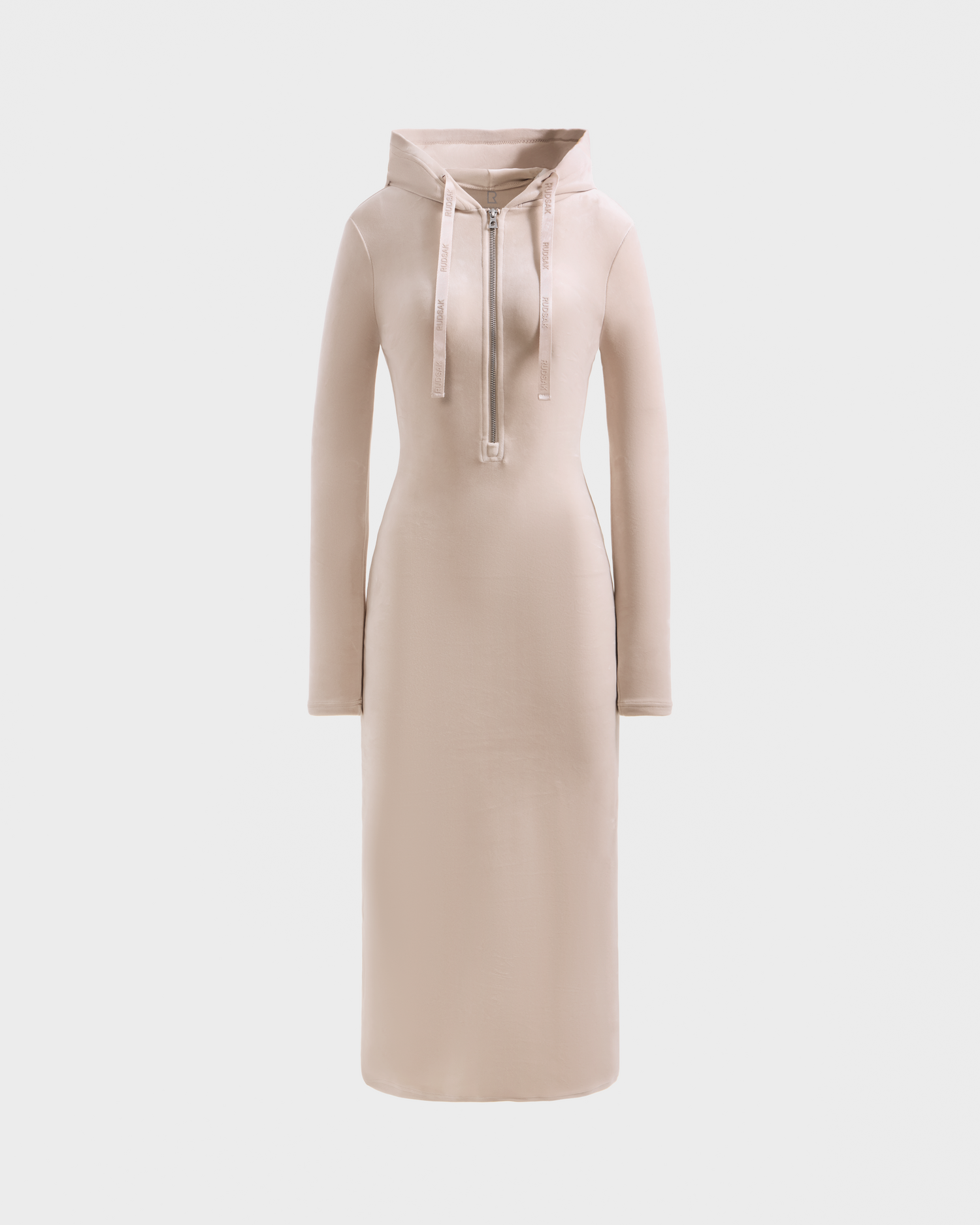 The ISABELLA - L525502 Cream by Rudsak is a beige women’s velour hooded dress with a front drawstring hood, fitted midi silhouette, and knee-length hem, shown on a plain white background.