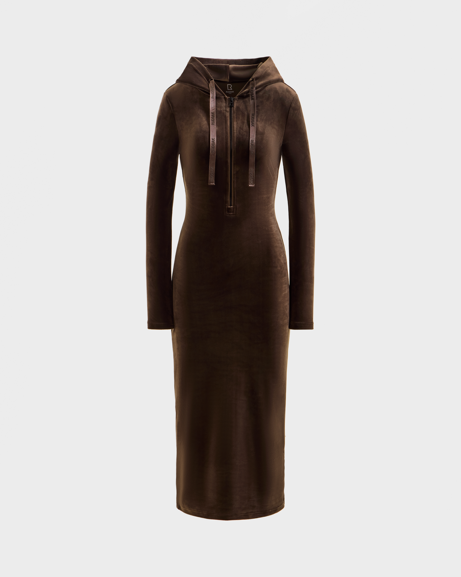 The ISABELLA - L525502 Espresso by Rudsak is a women’s brown velour hooded midi dress with long sleeves, a fitted silhouette, drawstring hood, and mid-calf length, shown on a plain white background.