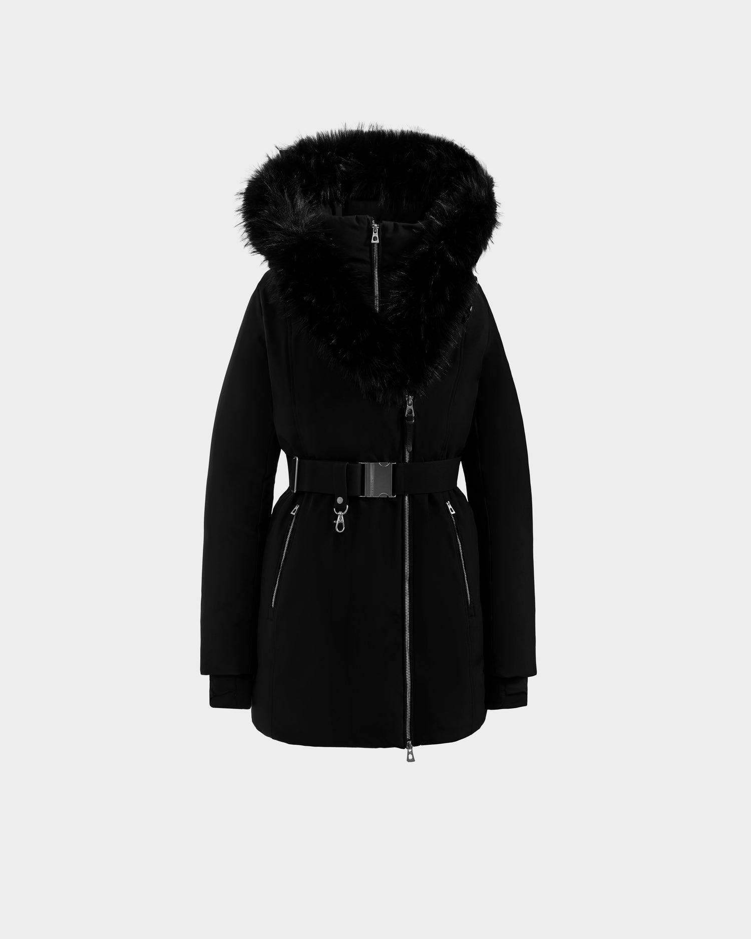 The Rudsak ISELLE - L125547 Black women’s down parka features RDS-certified down, a removable faux fur-lined hood, front zipper, two zippered pockets, and a wide belt at the waist. Seen on a plain white background.
