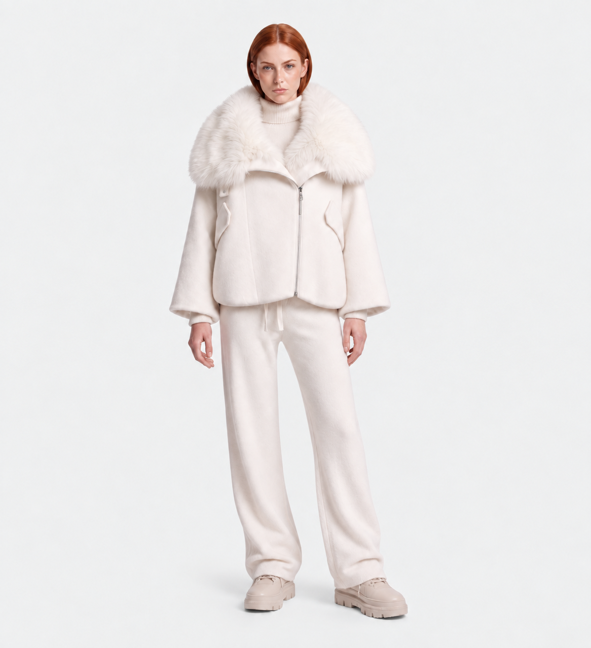 A person with straight red hair wears the ZARIA - 8126999 Vanilla by Rudsak, an all-white winter puffer with faux-fur collar, loose pants, turtleneck, and chunky shoes against a plain light gray background.