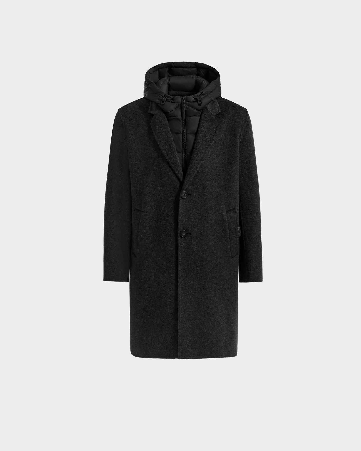 A cold-weather essential, the Rudsak JEREMIAH - 6125509 Grey men’s wool-blend coat features a hood, button front, and quilted down-insulated inner dickie at the collar, shown against a plain light background.