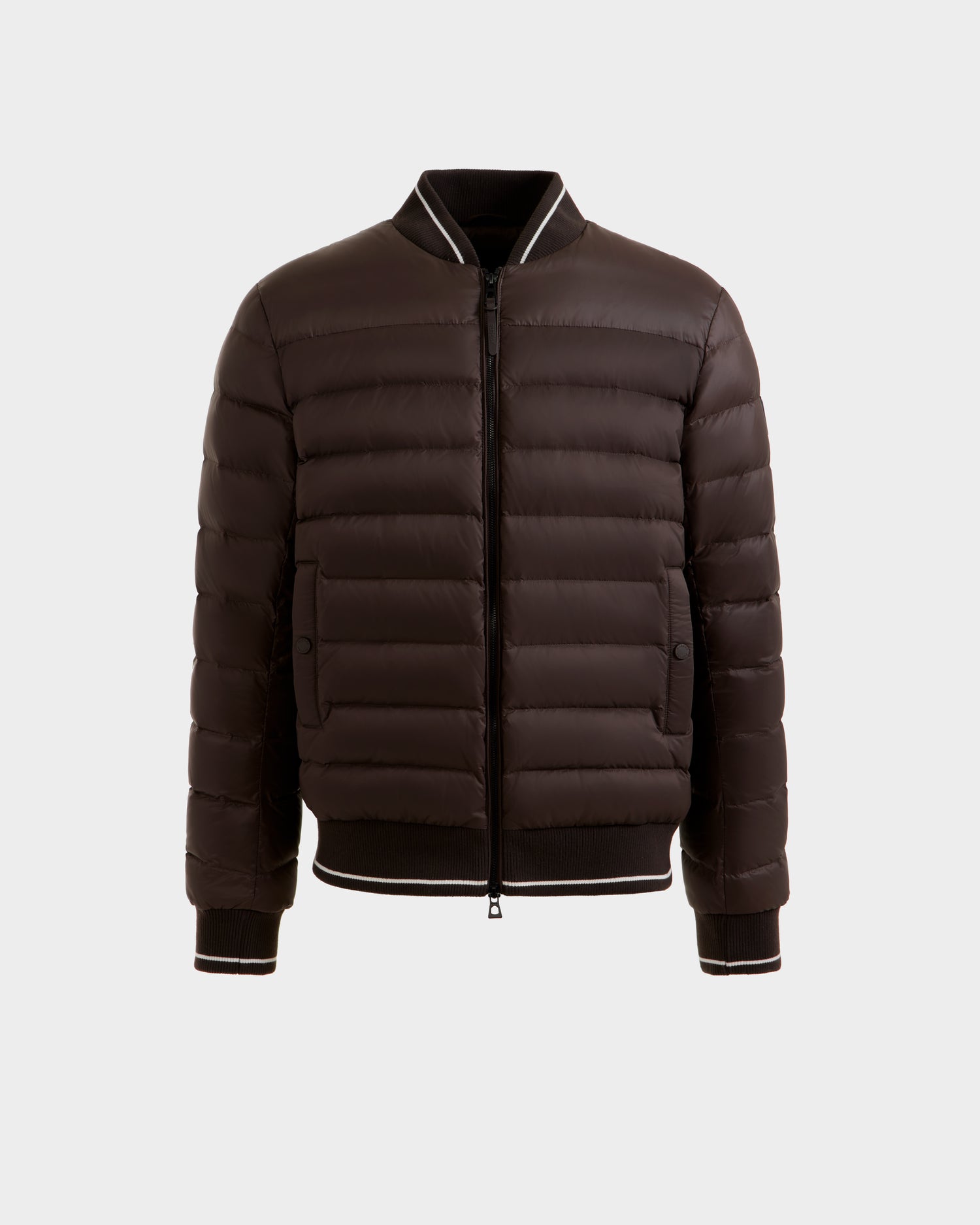 The JEREMY - 6125025 Espresso by Rudsak is a dark brown men’s down bomber jacket with premium insulation, quilted design, zip front, and ribbed trim—ideal for minimalist style. Shown on a plain white background.