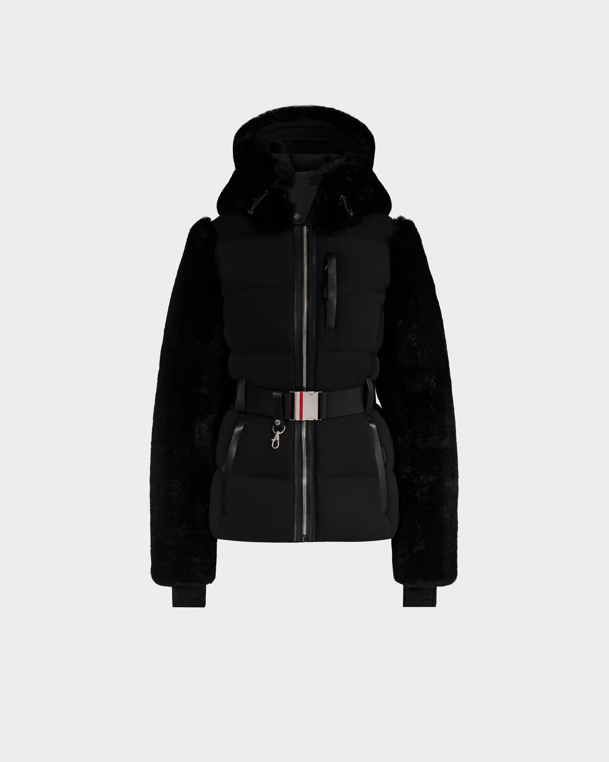 The JOANNA F - 8125593 Black by Rudsak is a black hooded puffer with fur-textured sleeves, front zipper, belted waist with striped buckle, and side pockets. Now available for pre-order; ships by November 30th. Shown on a plain white background.