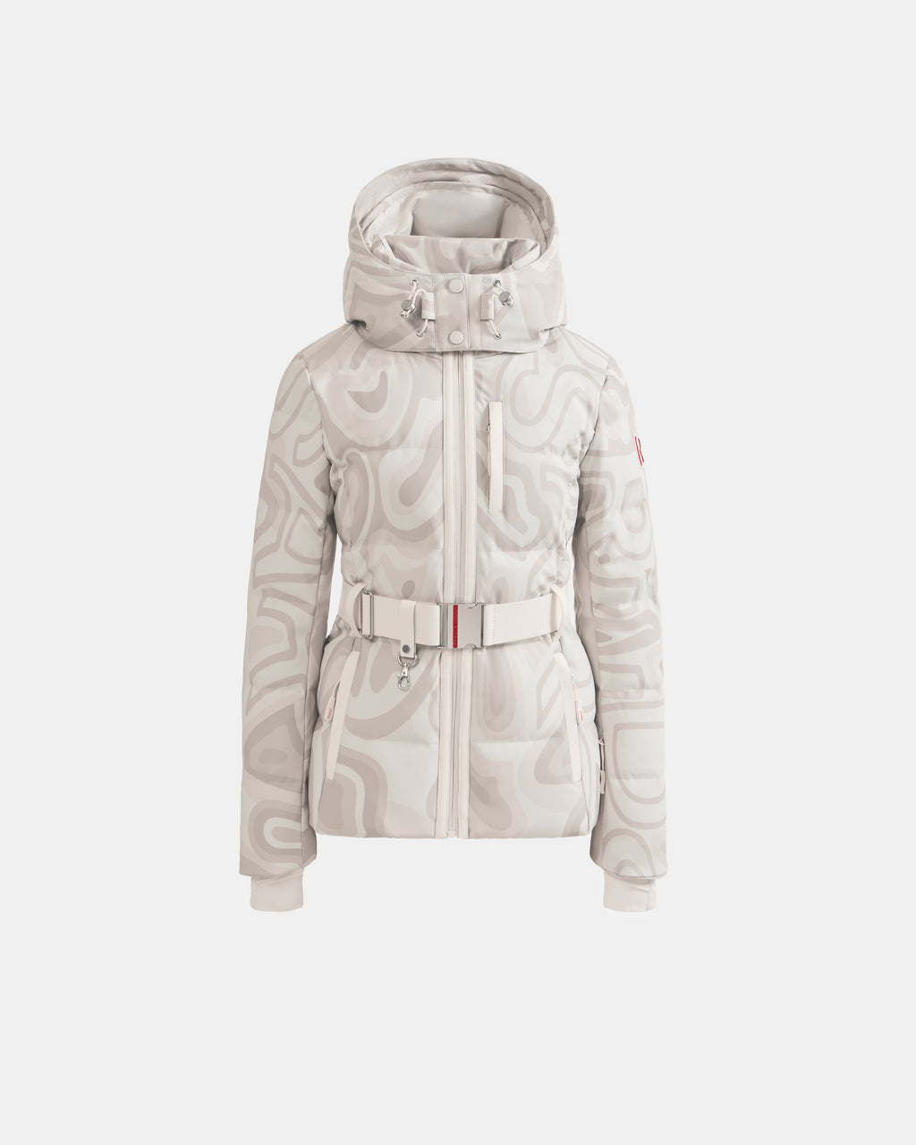 The JOANNA P - 8125623 Vanilla Deja vu by Rudsak is a light gray winter jacket with abstract swirls, hood, zip front, chest pocket, belted waist, and white cuffed sleeves. Available for pre-order; ships by November 30th.