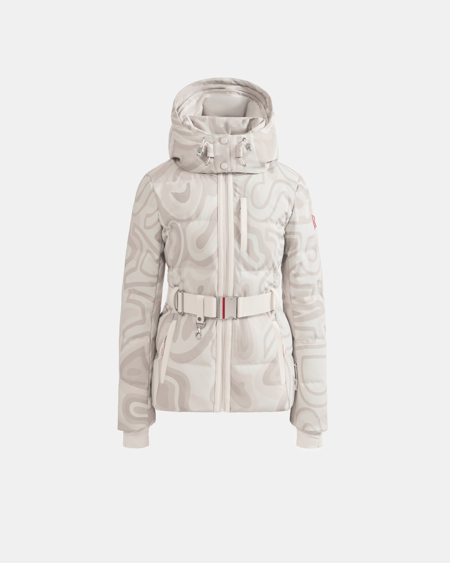 The JOANNA P - 8125623 Vanilla Deja vu by Rudsak is a light gray winter jacket with abstract swirls, hood, zip front, chest pocket, belted waist, and white cuffed sleeves. Available for pre-order; ships by November 30th.