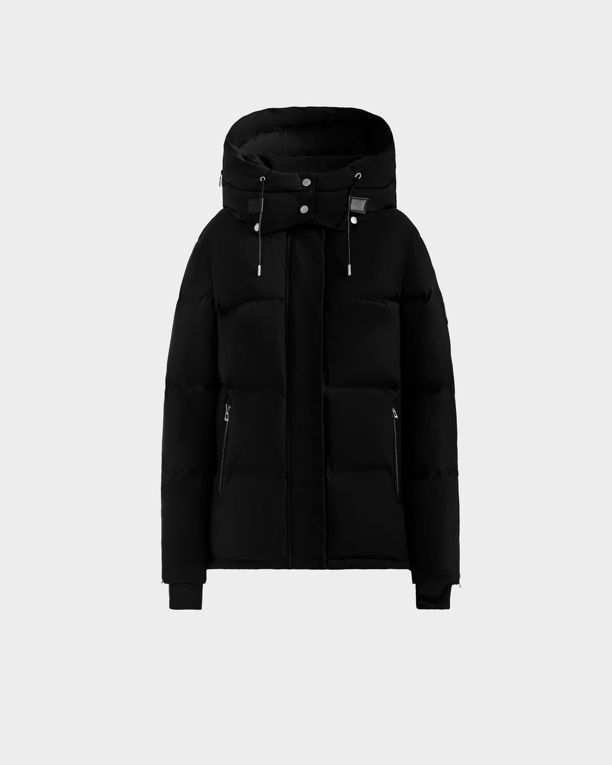 The Rudsak JOON H - 8125586 Black women’s down jacket features a hood, zippered front pockets, and ribbed cuffs for lightweight warmth, showcased against a plain light gray background.