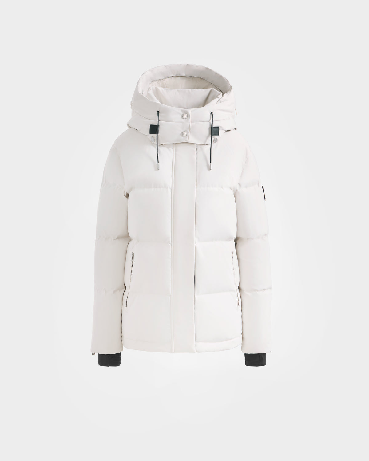 The Rudsak JOON H - 8125586 Vanilla women's down jacket in white features RDS-certified down, a hood, front zipper, snap buttons, and black drawstrings, displayed on a plain white background.