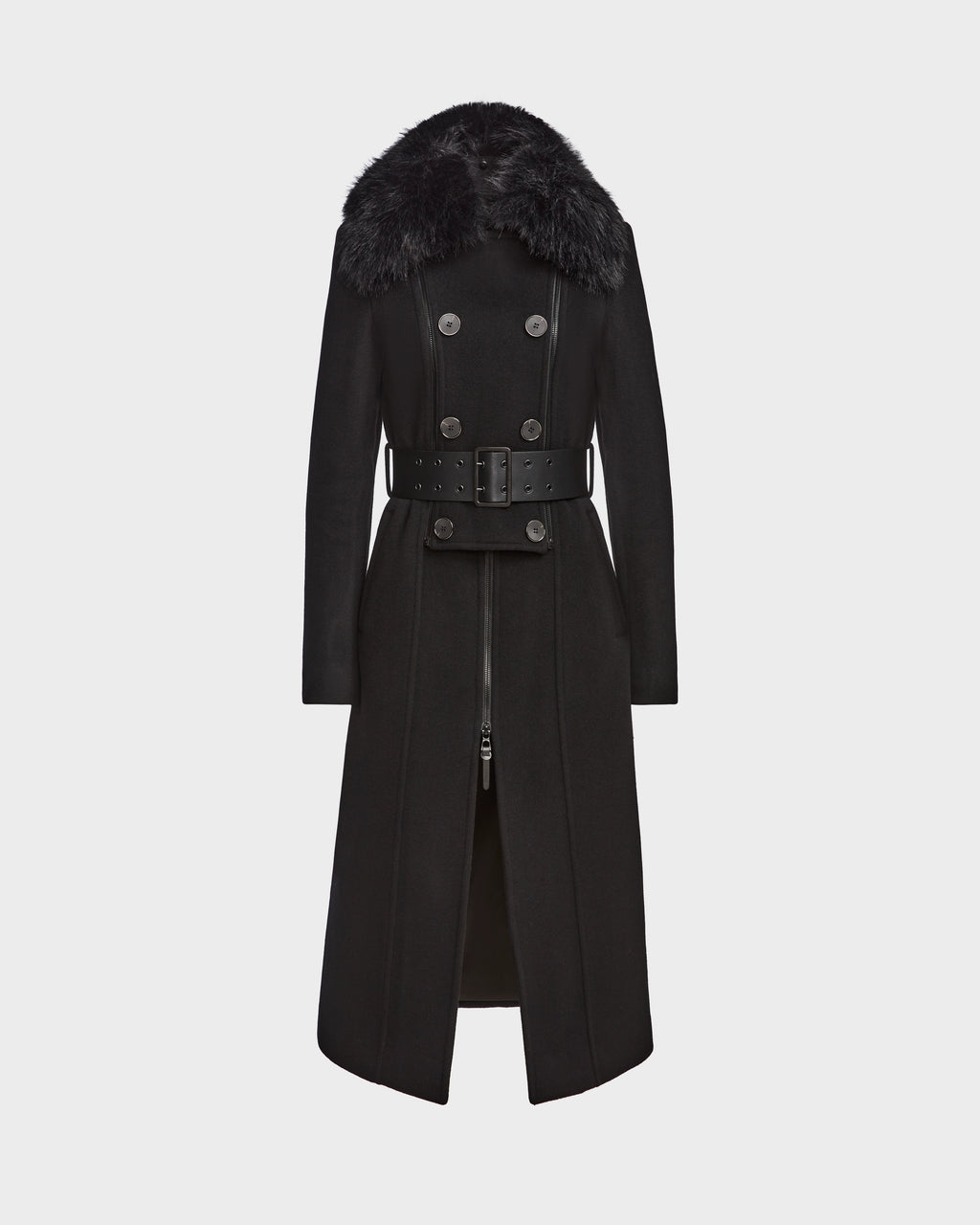 The Rudsak VIRGINIE - 8124696 Black is a women’s long black wool-cashmere peacoat with a double-breasted front, removable faux fur collar, wide waist belt, and button accents, shown on a plain white background.