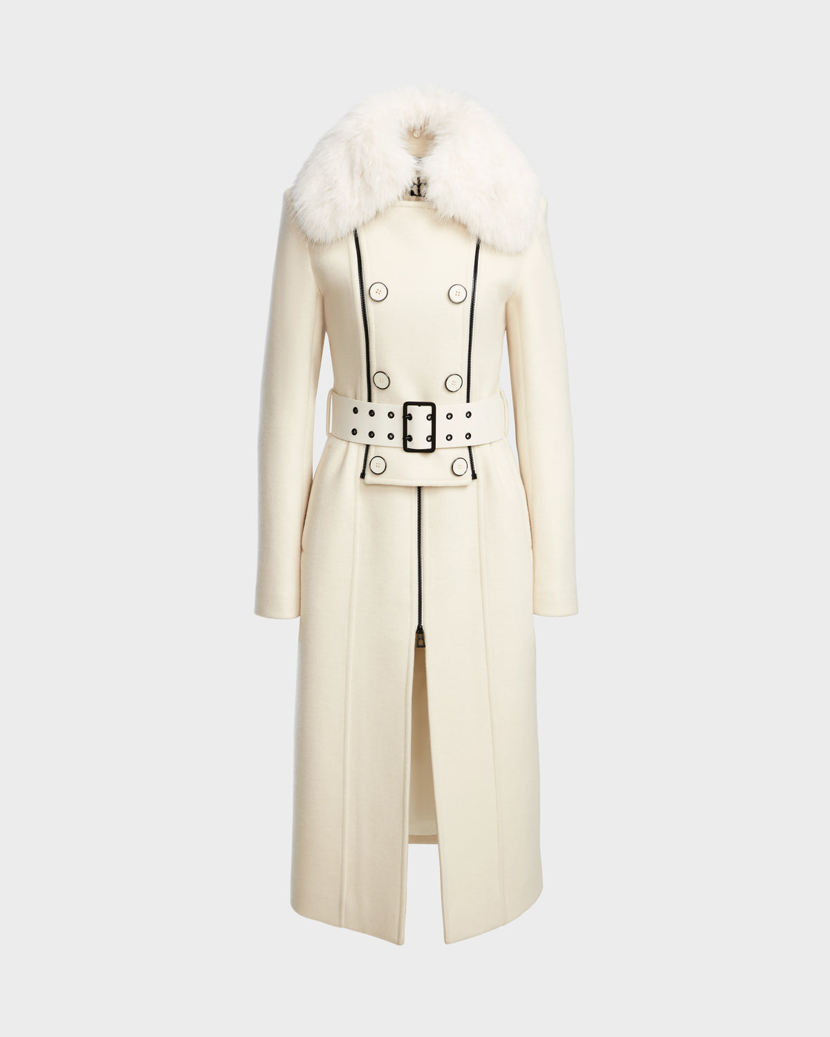 The VIRGINIE - 8124696 Iceland by Rudsak is a long cream womens peacoat in wool-cashmere with black trim, wide belt, black buttons, and a large removable faux fur collar, shown on a plain light gray background.