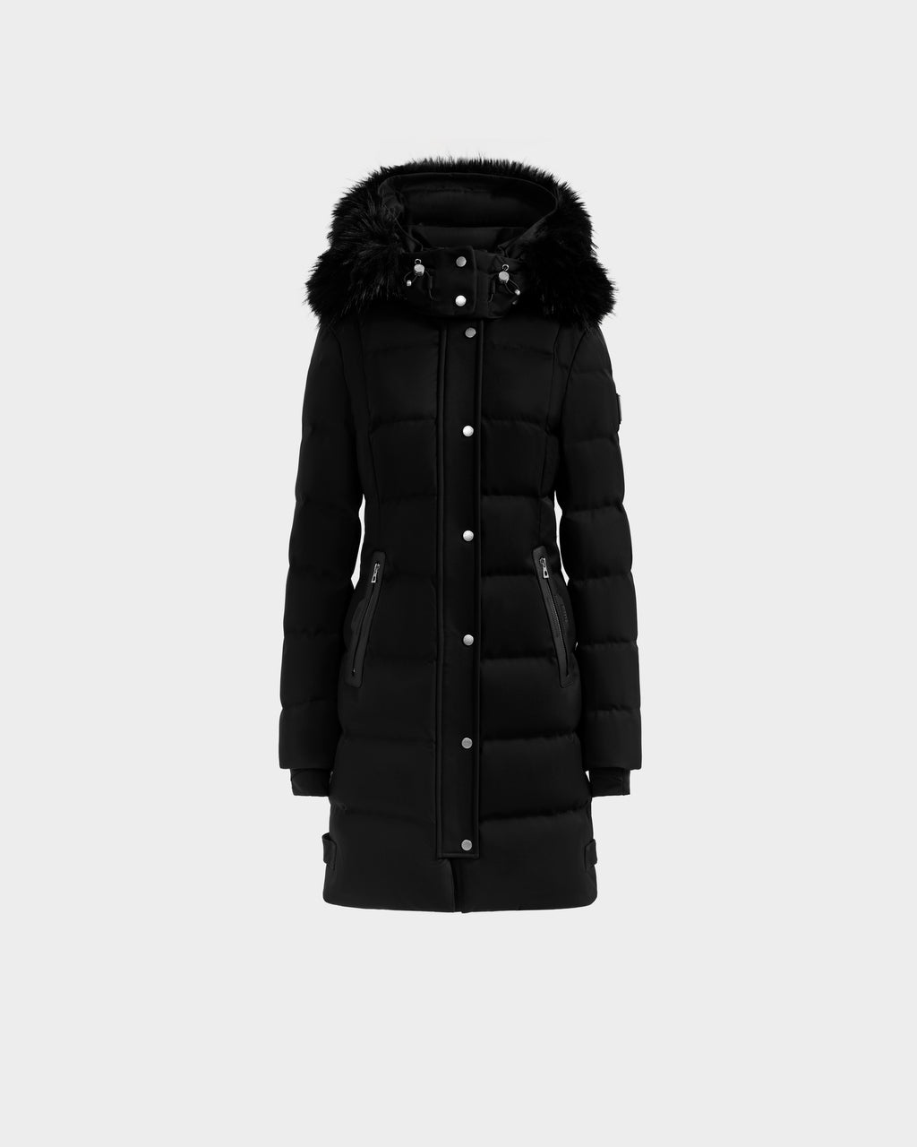The Rudsak KEHLANI H - 8125643 Black is a women’s black down-filled parka featuring a padded design, black faux fur-trimmed hood, zippered side pockets, and dual button and zipper front closure, shown against a plain light gray background.