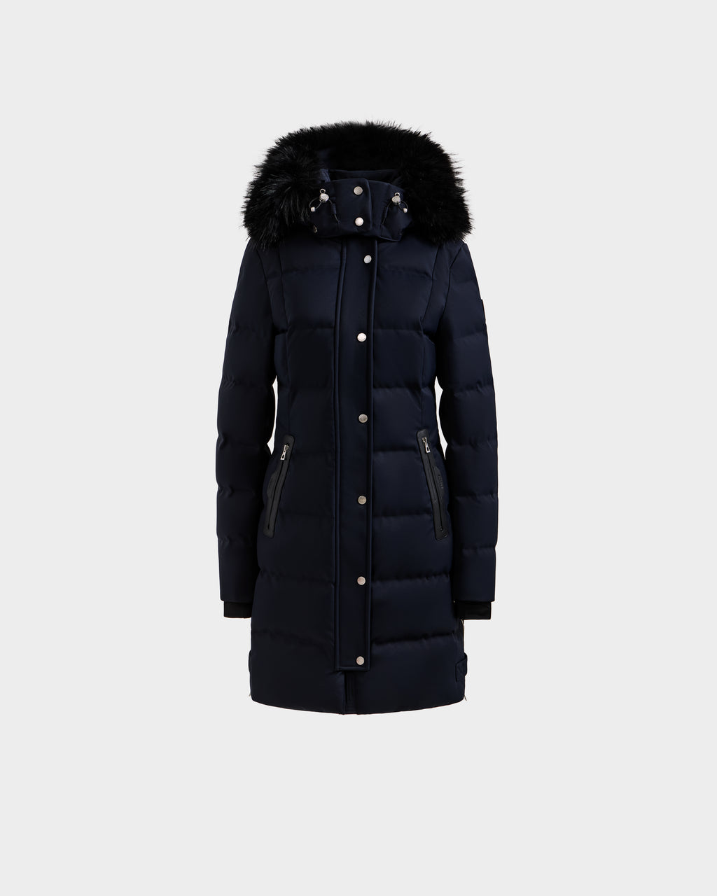 The Rudsak KEHLANI H - 8125643 Navy is a long women’s down parka with a front zipper, snap buttons, zippered pockets, and a black faux fur-trimmed hood, made with RDS-certified down and shown on a plain light background.