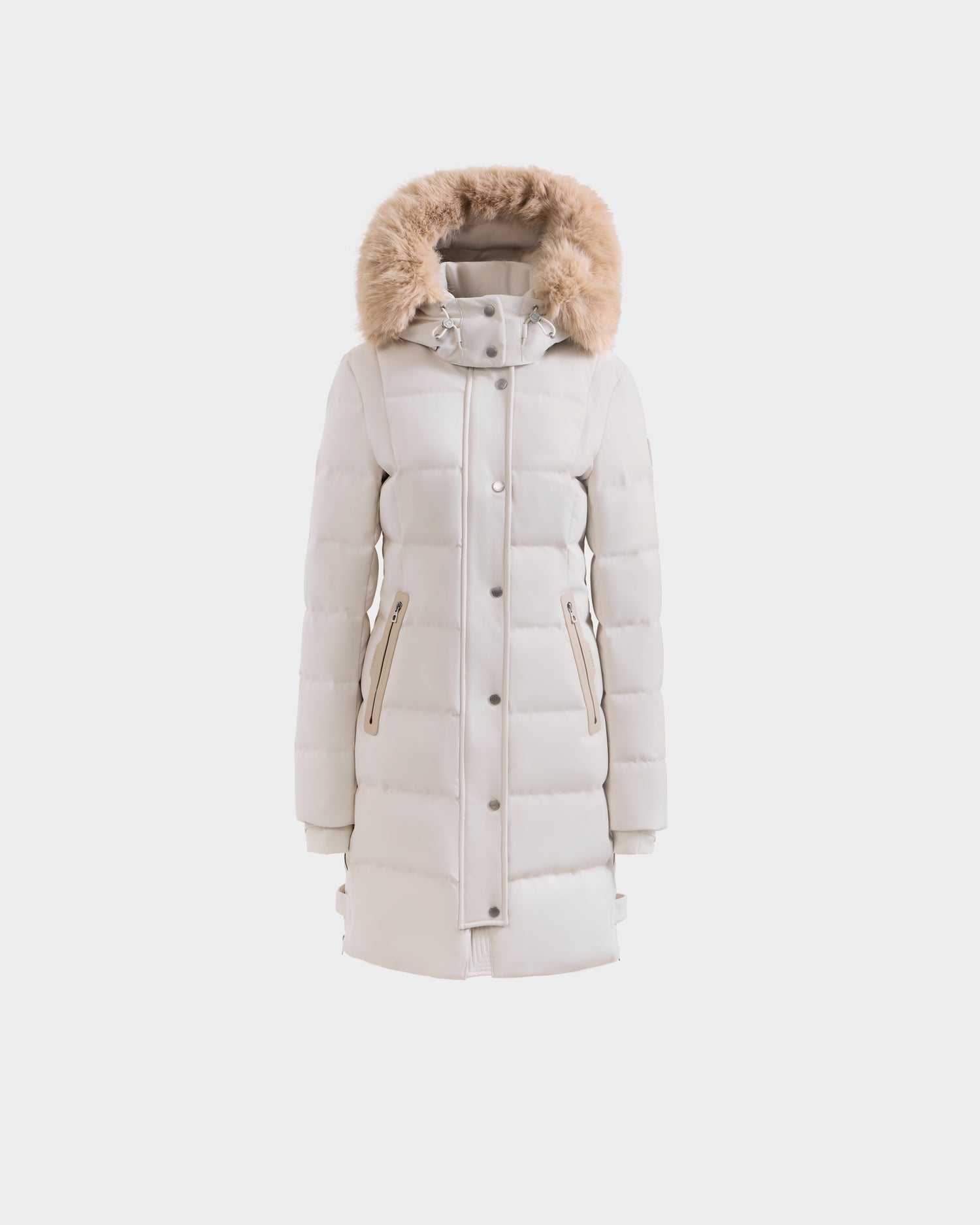 The Rudsak KEHLANI H - 8125643 Vanilla is a long white women’s parka with RDS-certified down, a quilted design, fur-lined hood, and two side zip pockets, shown against a plain white background.