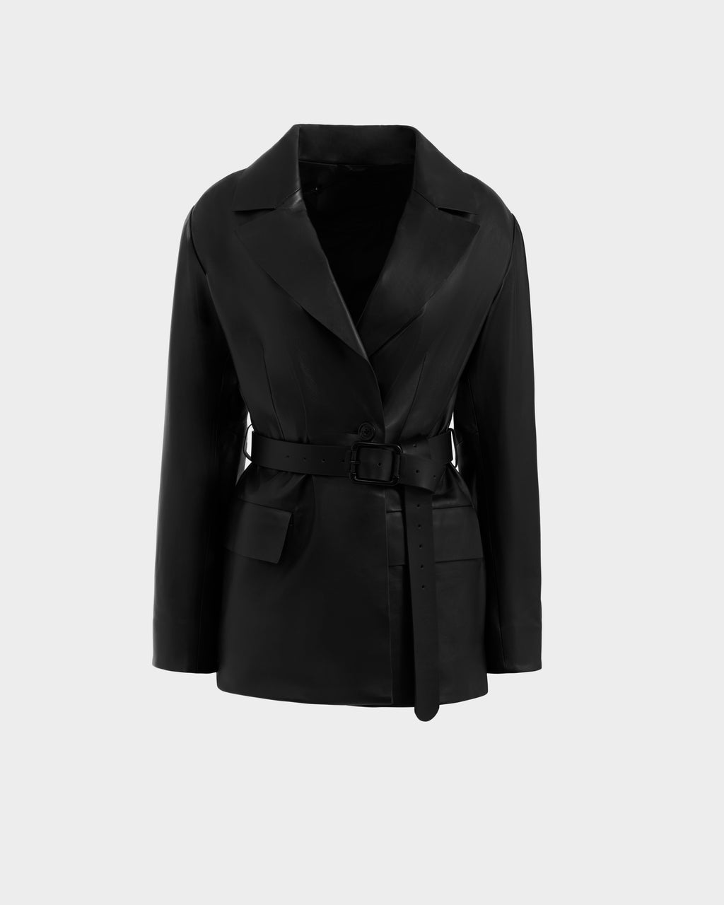 The Rudsak KENDALL - 8125617 Black women’s leather blazer features a wide collar, long sleeves, front pockets, and a matching waist belt for a sleek fit. Displayed against a plain light gray background.