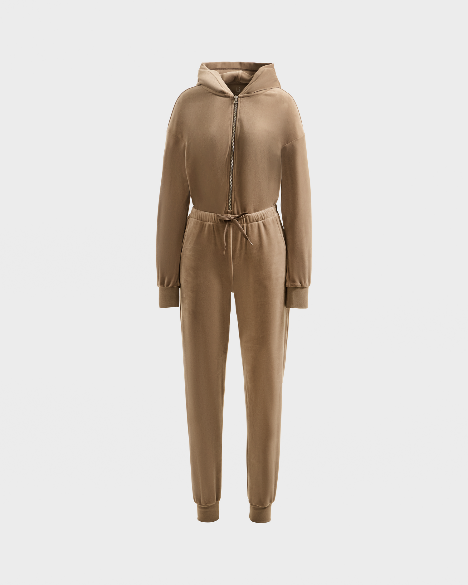 The Rudsak KETZY - L525503 Sand is a women's brown velour hooded jumper featuring plush stretch fabric, front zip, drawstring waist, cuffed wrists and ankles, and a crystal-sequin RUDSAK logo, shown on a plain white background.