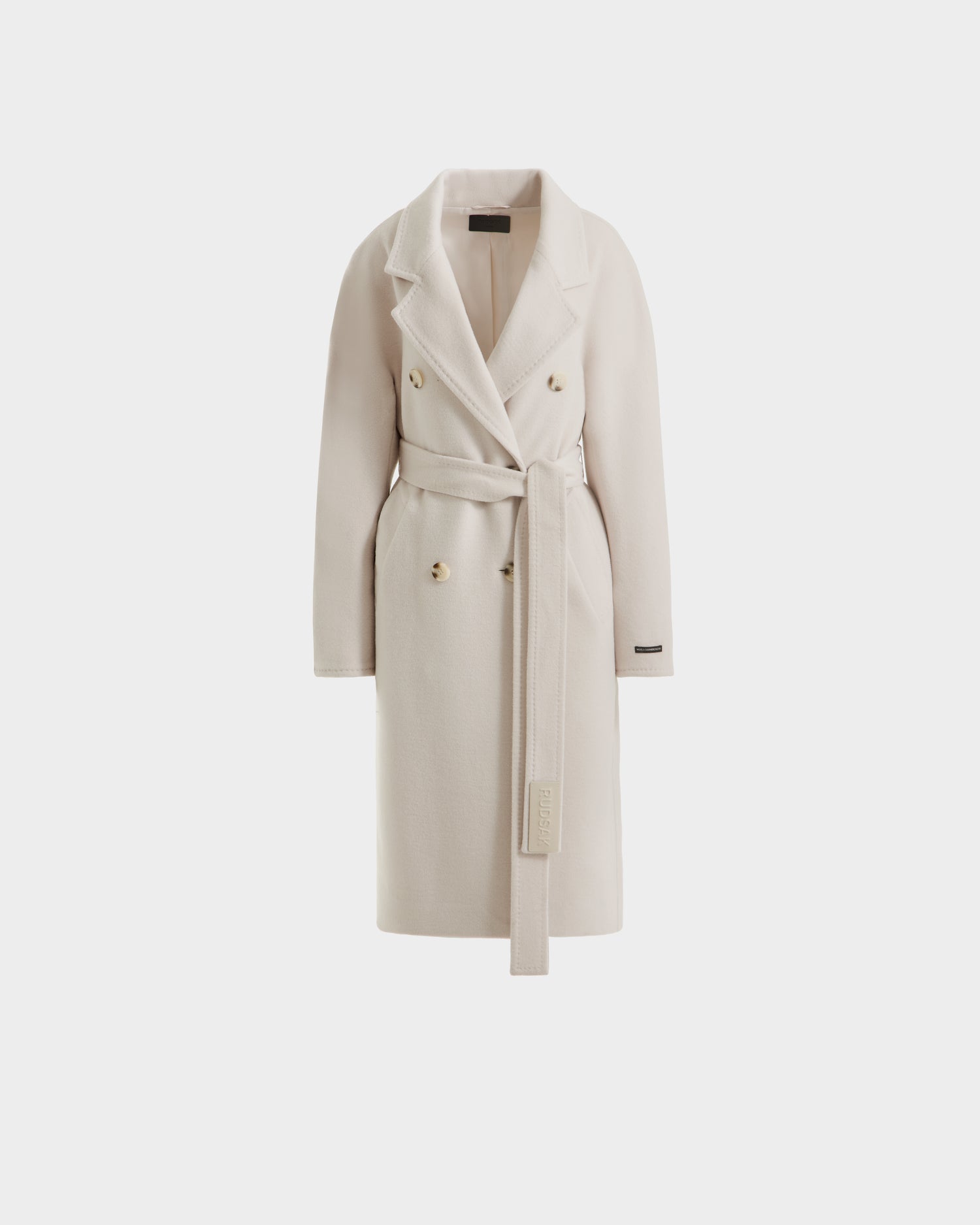 The KOURT W - 8124702 Vanilla by Rudsak is a cream-colored women's double-breasted wool and cashmere blend coat with gold buttons, notched collar, and matching belt, shown against a plain white background.