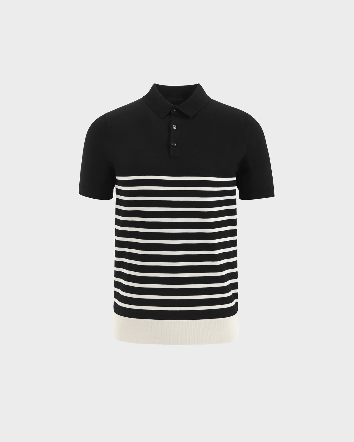 The KRIS - 6526005 Black by Rudsak is a short-sleeve, fine-gauge knit polo with a collar and buttons, featuring horizontal white contrast stripes on the lower half and a solid white band at the hem against a light gray background.