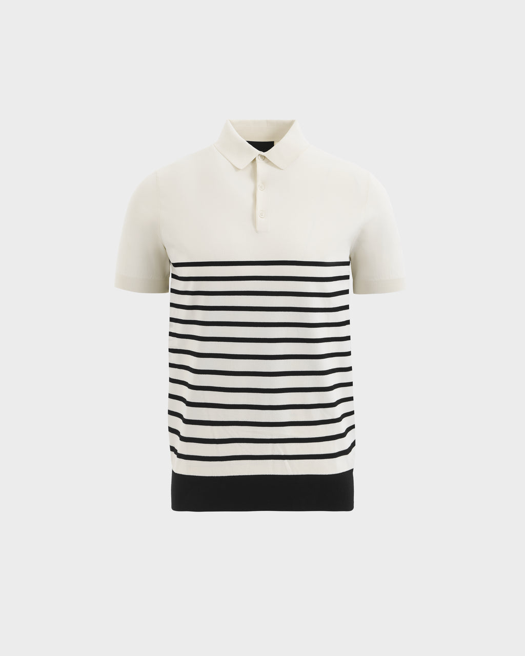 The KRIS - 6526005 Iceland by Rudsak is a cream-colored, short-sleeved polo with a collar, buttons, horizontal black stripes on the lower half, and a solid black band at the bottom.