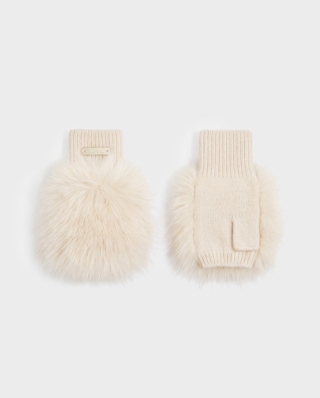 Cream-colored LIA - 8425007 Vanilla wool-blend knit fingerless gloves trimmed with plush faux fur.