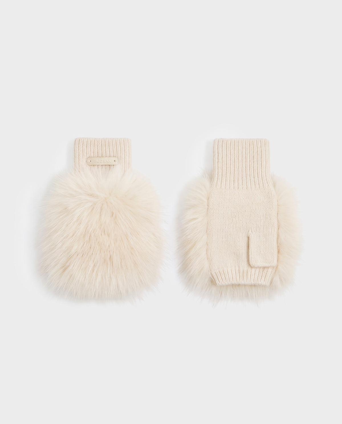 Cream-colored LIA - 8425007 Vanilla wool-blend knit fingerless gloves trimmed with plush faux fur.