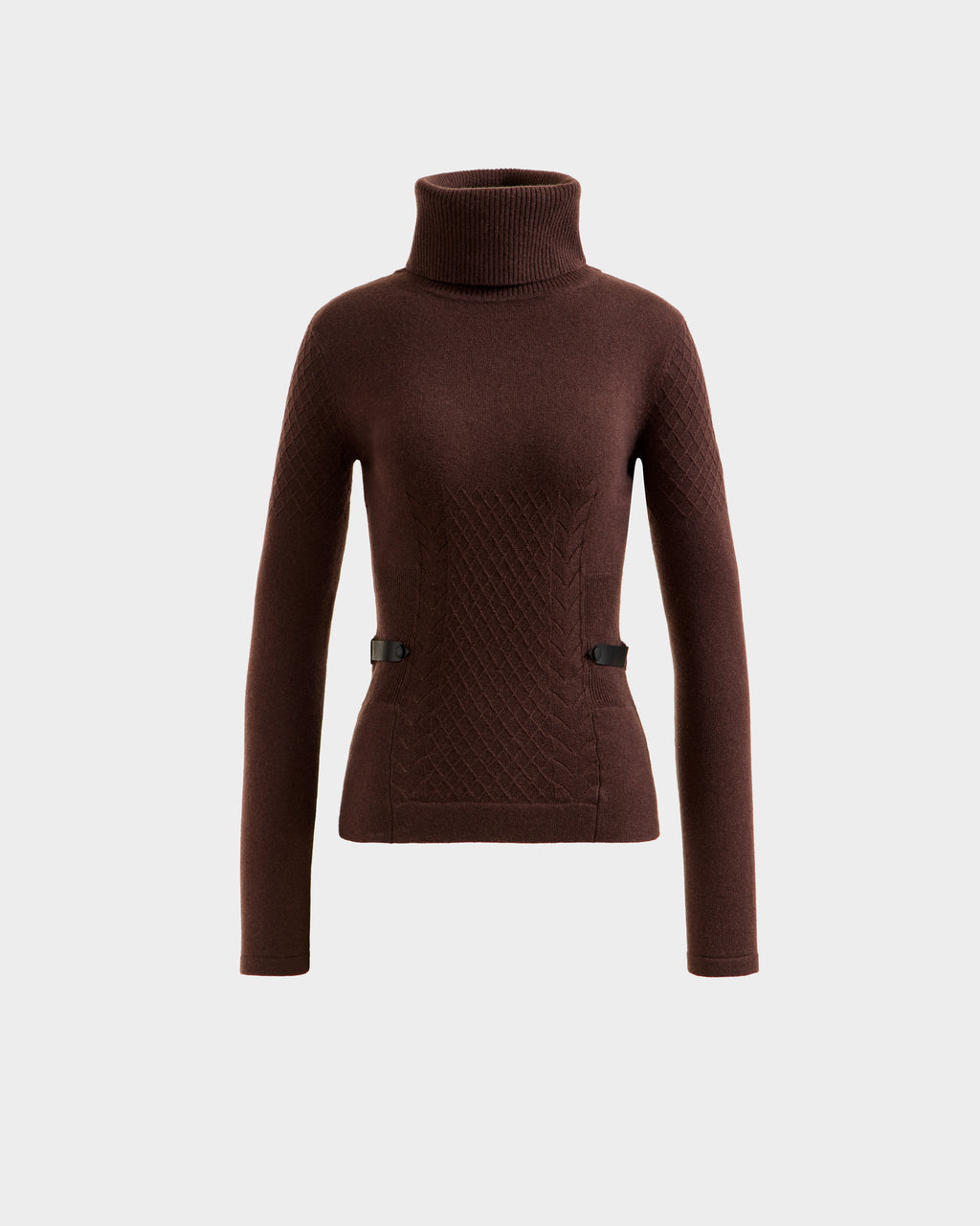 The LAURA - 8524596 Mocha by Rudsak is a women's brown knit turtleneck sweater with long sleeves, a diamond-patterned front, and two black buckle accents with vegan leather trim at the waist. Shown on a plain light gray background.